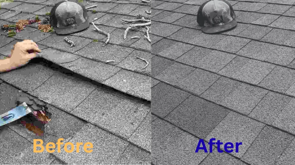 Before & After image of hail-damaged Roof Replacement