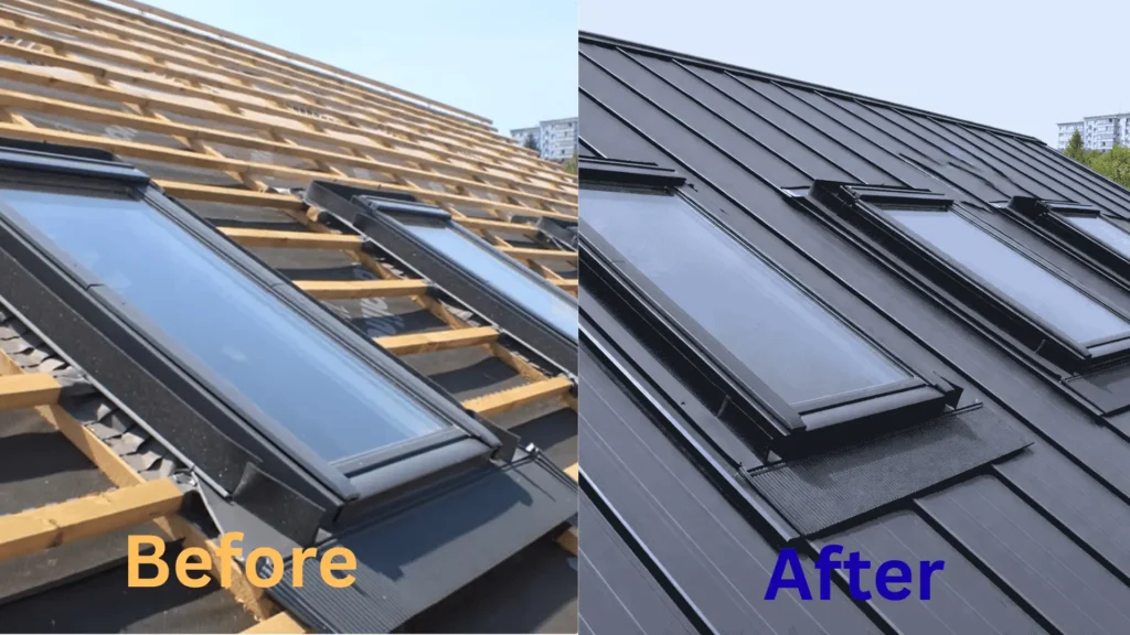 Metal roof installation before & after image