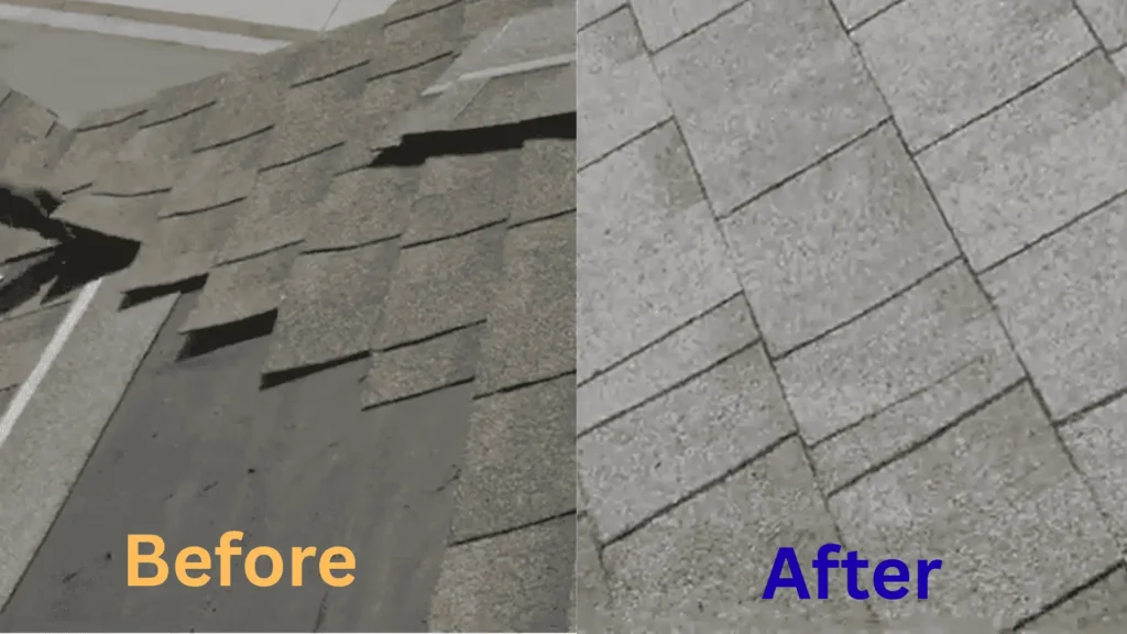 before & after wind-damaged roof repair